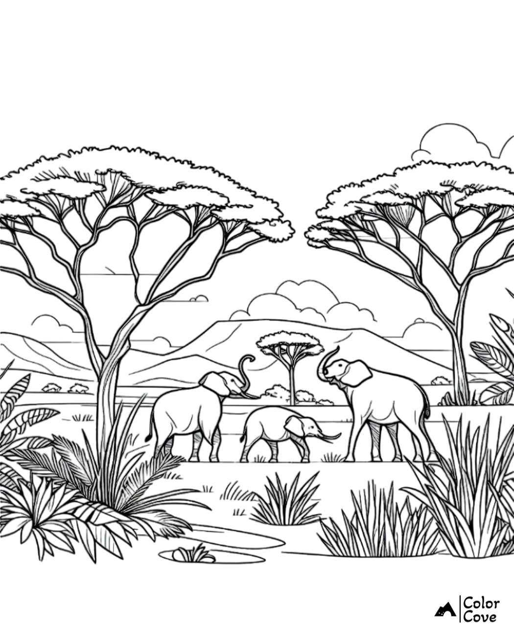 Coloring page of African savannah with three elephants and acacia trees, mountains in the background, from Color Cove.