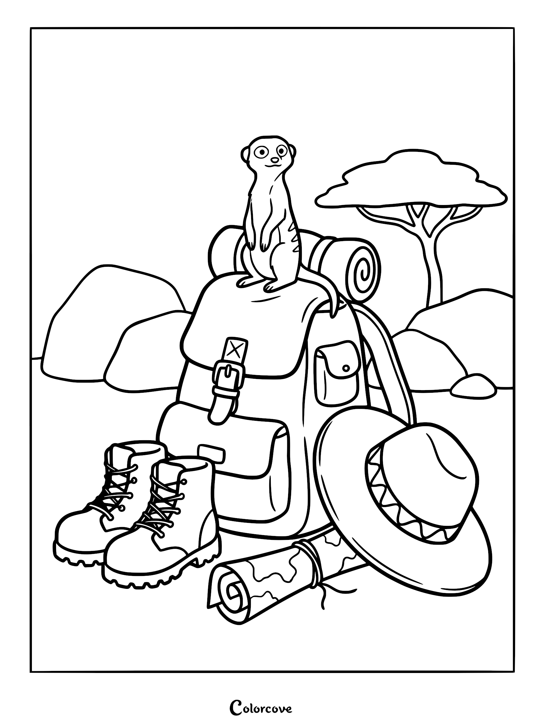 A cute meerkat sitting on top of a large hiking backpack with safari boots, a hat, and a rolled map as a coloring page.