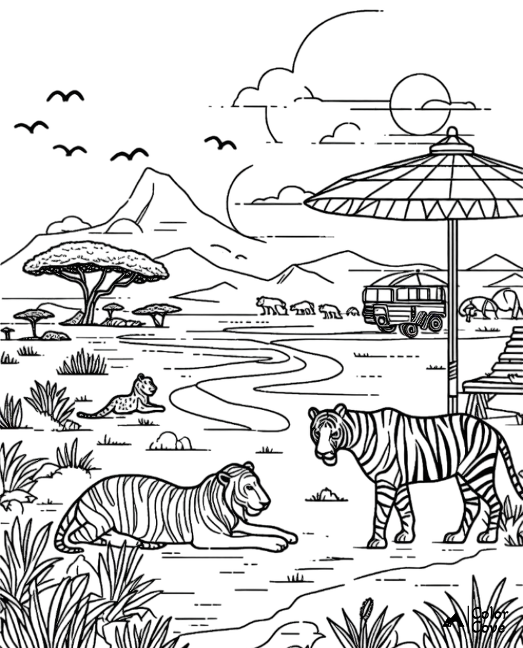 Coloring page depicting safari scene with tigers, trees, a jeep, zebras, and birds in an African savanna landscape.