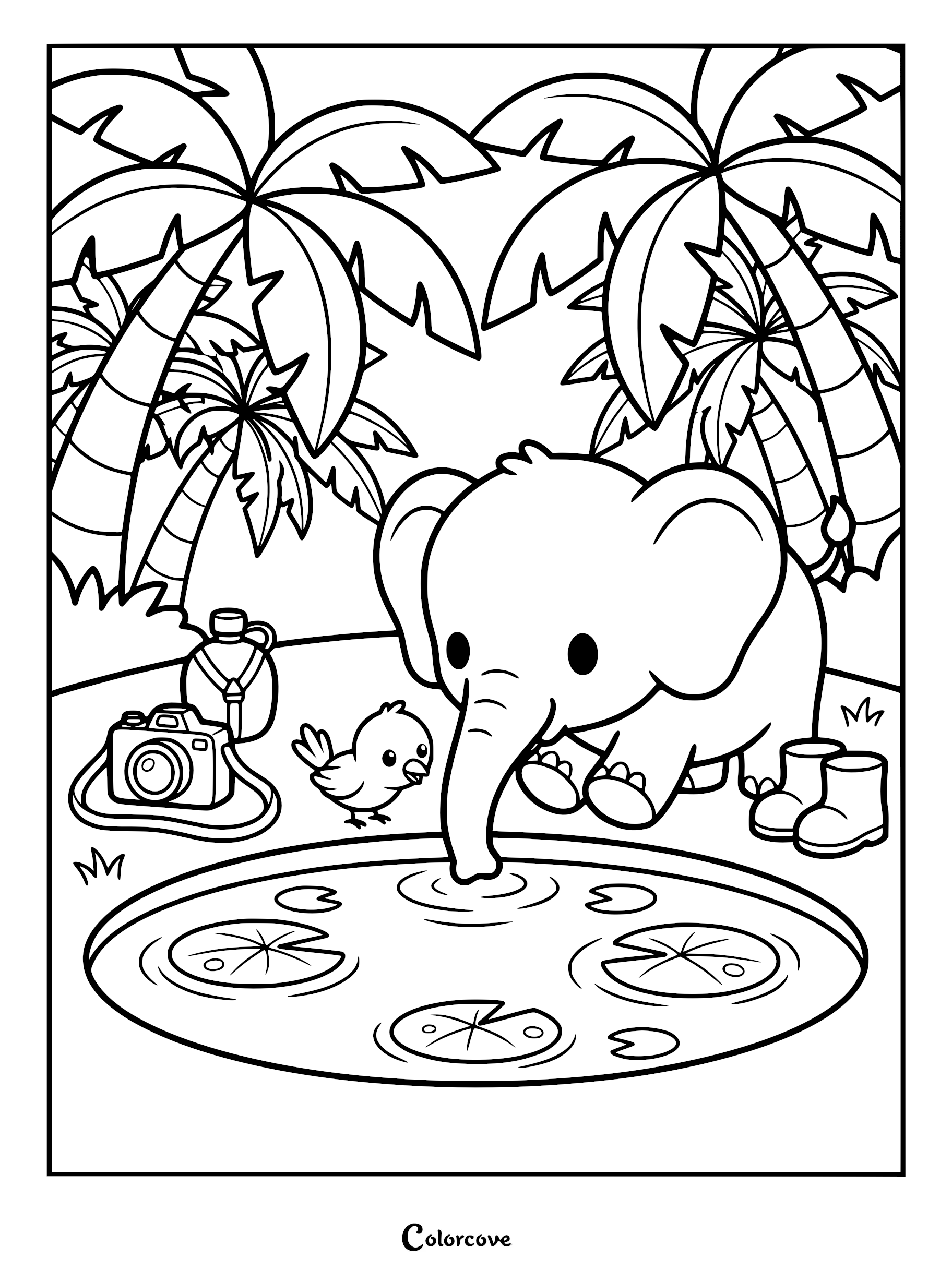 A cute baby elephant and a small bird at a safari watering hole with a camera, canteen, and boots in this coloring page.