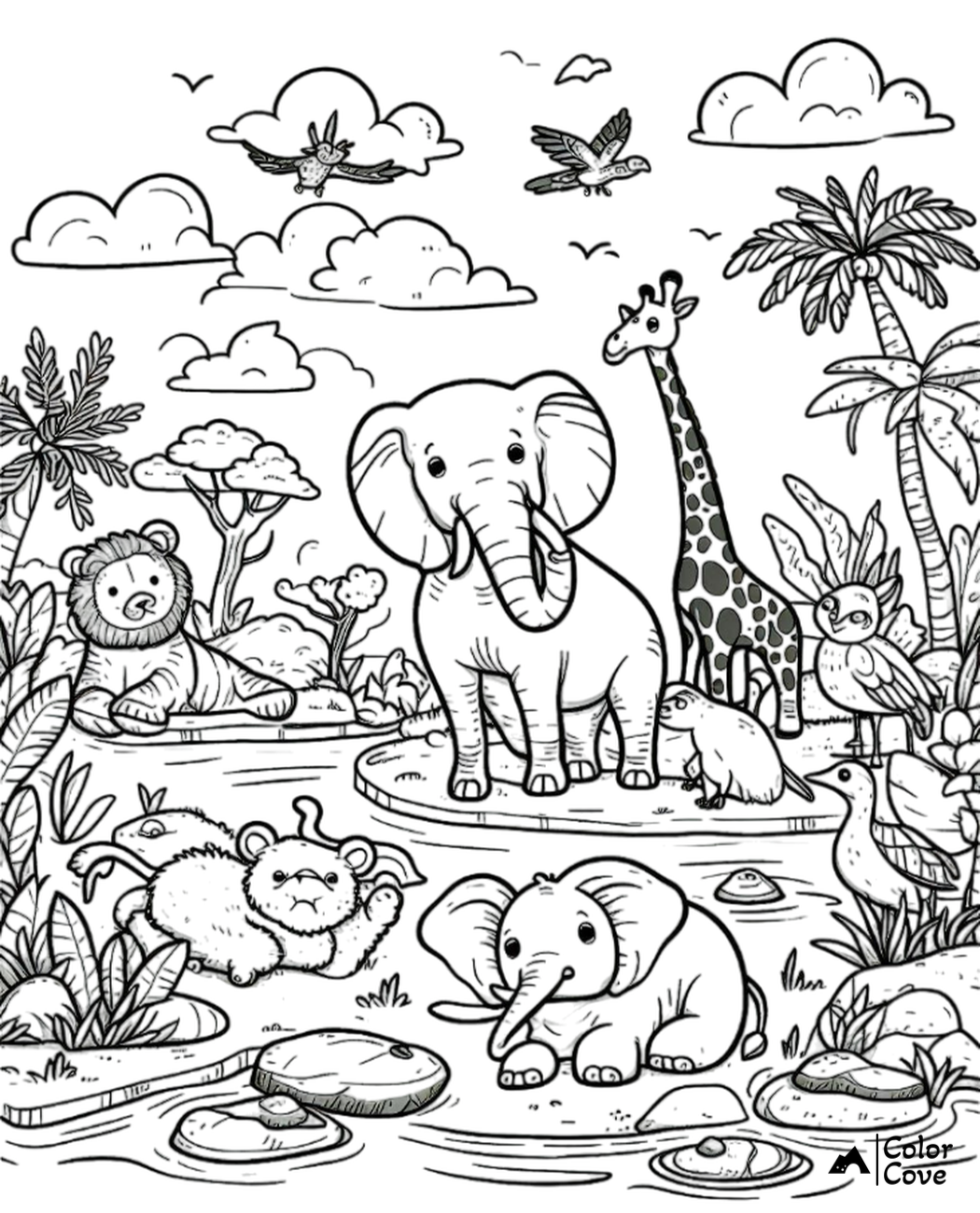 Safari-themed coloring page featuring elephants, giraffe, lion, birds, and lush vegetation in a jungle setting.