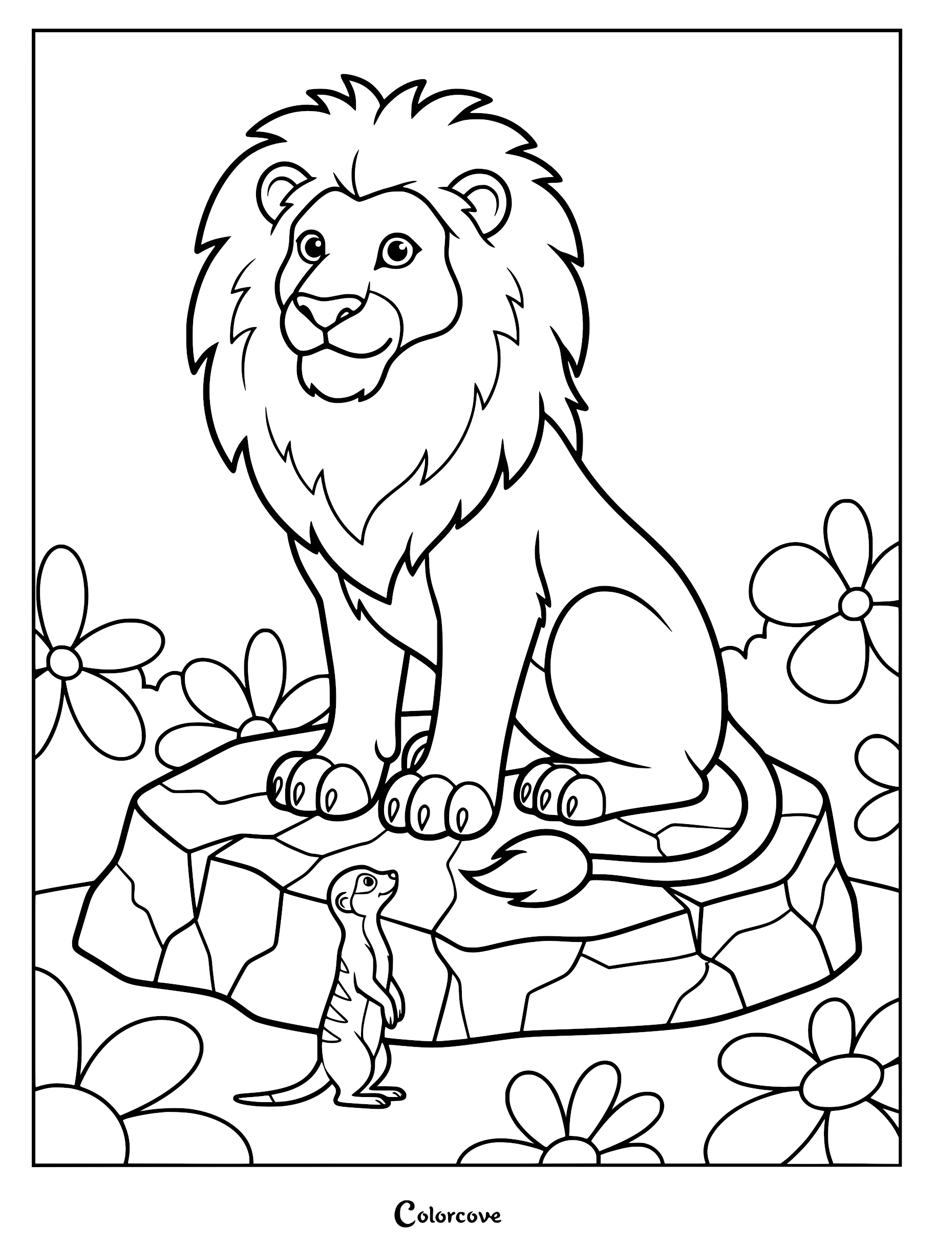 Simba the lion sitting on a rock with Timon the meerkat looking up at him in this safari themed coloring page.