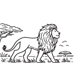 Lion coloring page for kids — majestic lion walking in the savanna under a clear sky, ready to be colored.