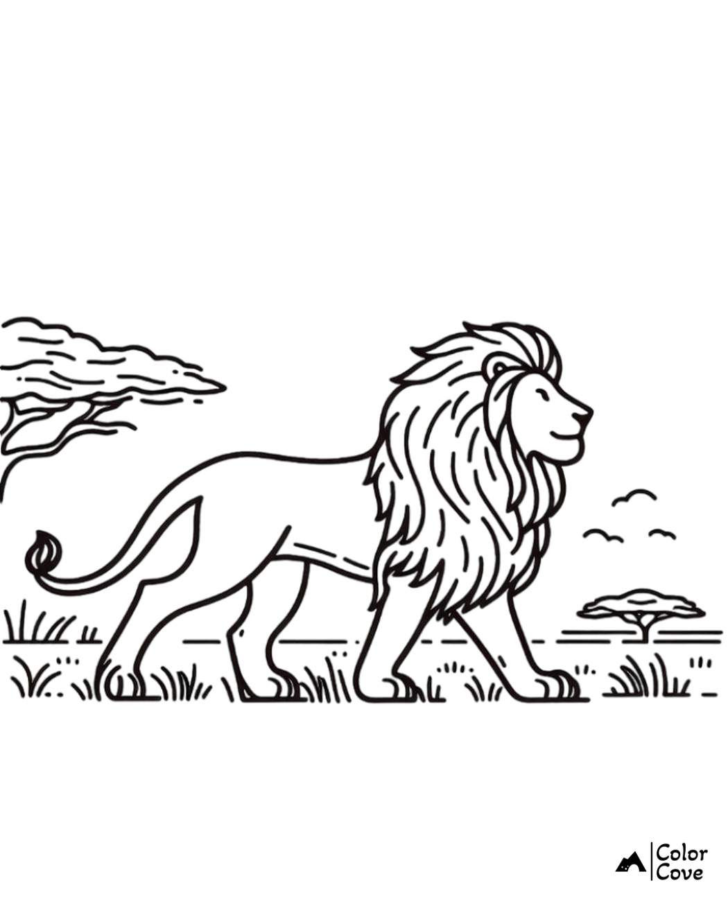 Lion coloring page for kids — majestic lion walking in the savanna under a clear sky, ready to be colored.