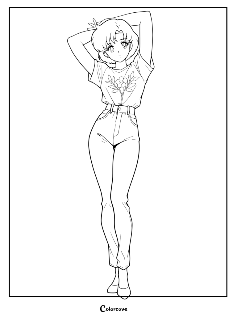 Ami Mizuno con un conjunto retro estilo años 90 de Sailor Moon para colorear.
