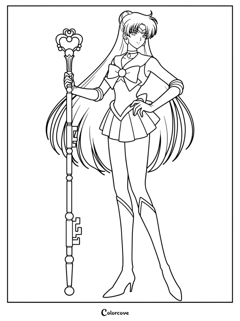 Sailor Pluto sosteniendo su Cetro de Granate en este detallado dibujo para colorear de Sailor Moon.