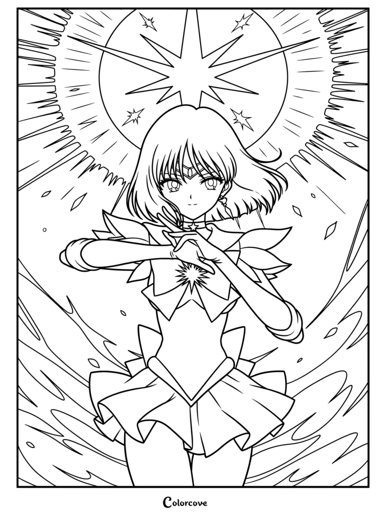 Dibujo para colorear de Sailor Saturn preparándose para atacar en Sailor Moon.