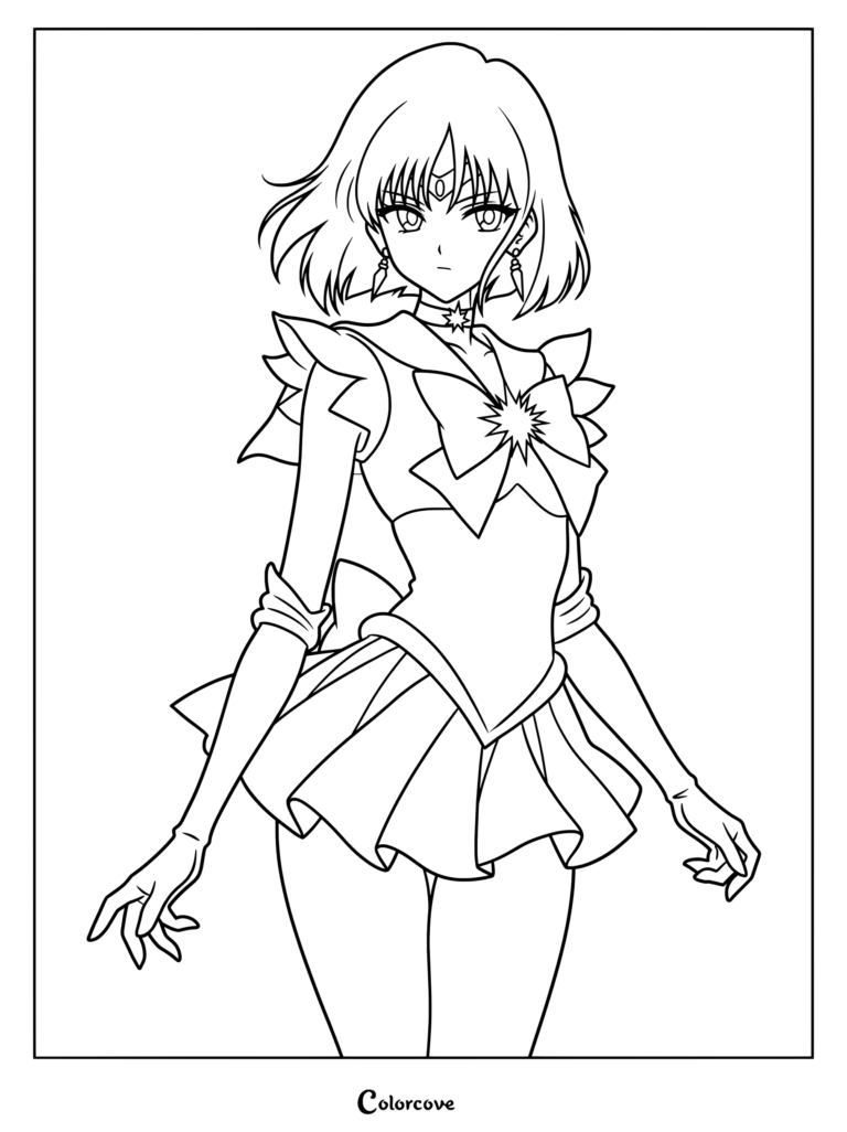 Dibujo para colorear de Sailor Saturn de Sailor Moon de pie, con pelo corto y expresión decidida