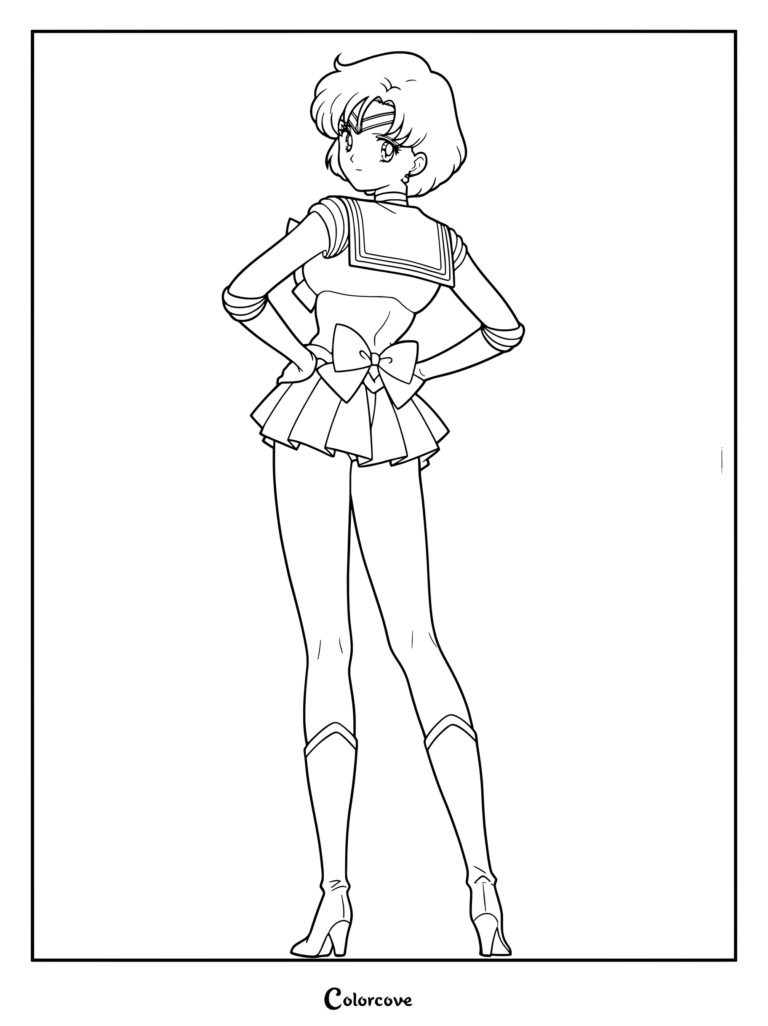 Sailor Uranus de pie con las manos en las caderas en un dibujo para colorear de Sailor Moon.