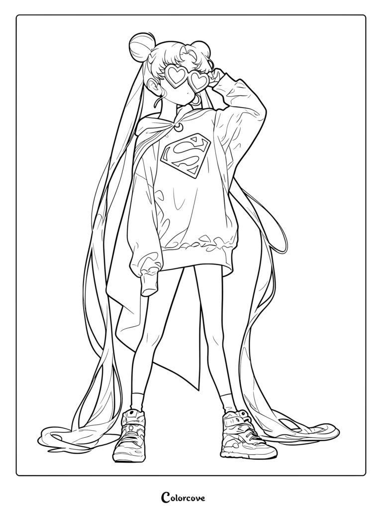 Página para colorear de Sailor Moon donde viste una sudadera ancha azul con el logo de Superman y gafas de sol rosa con forma de corazón.