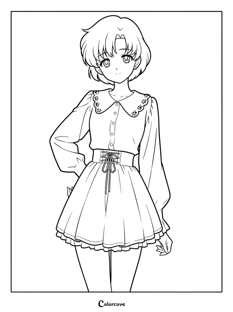 Ami Mizuno de Sailor Moon con una blusa casual azul oscuro de manga larga, cuello con encaje blanco y falda plisada rosa para colorear.