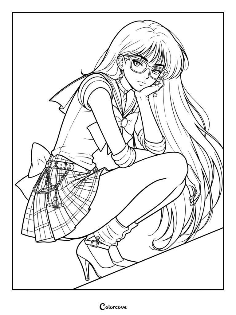 Rei Hino con gafas y falda de cuadros con una cadena de adorno en este dibujo para colorear de Sailor Moon.