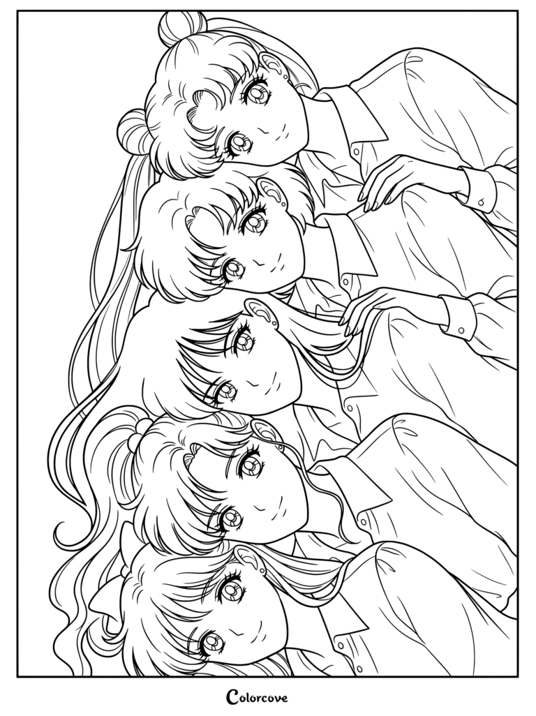 Página para colorear de Sailor Moon con las cinco protagonistas apoyando las cabezas juntas en grupo.