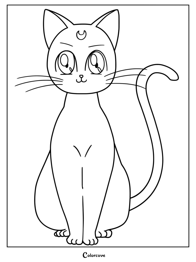 Dibujo para colorear de Sailor Moon con Artemis sentado erguido y con una luna creciente en la frente.