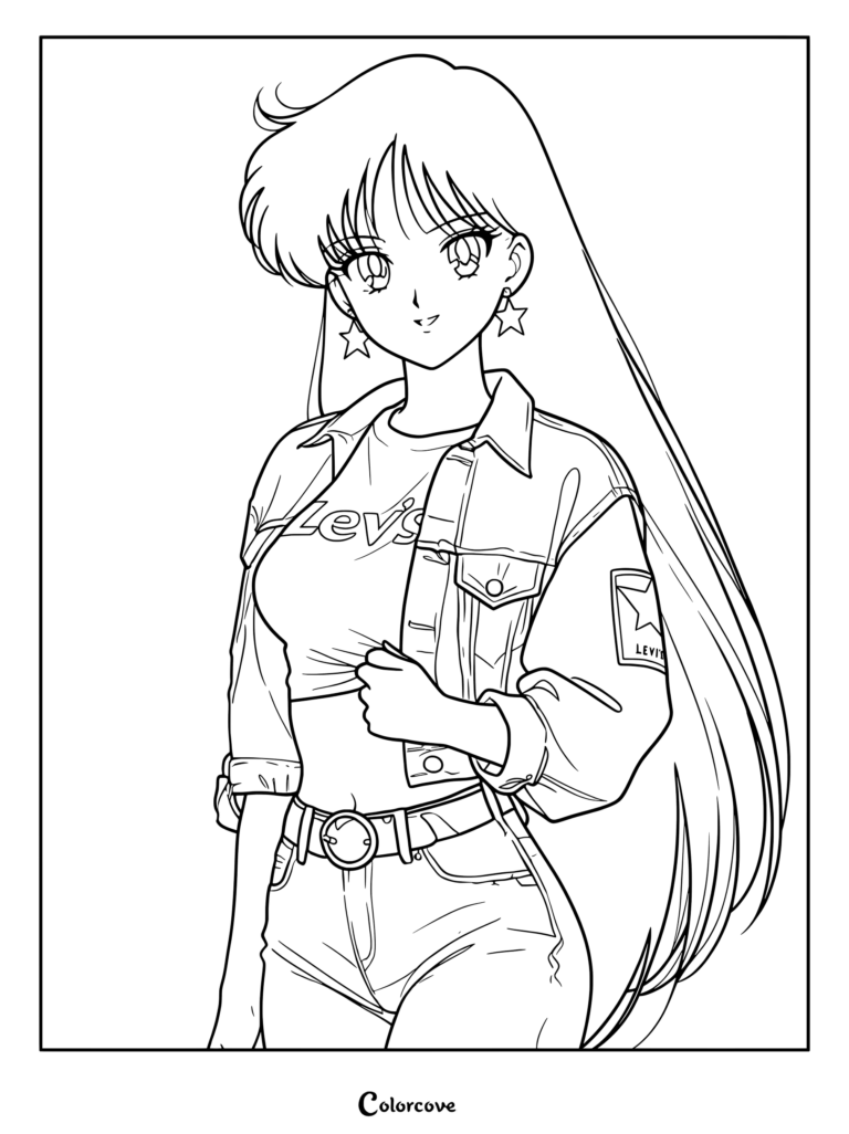 Dibujo para colorear e imprimir de Sailor Moon con Rei Hino usando una chaqueta vaquera casual y un crop top rojo de Levi's.