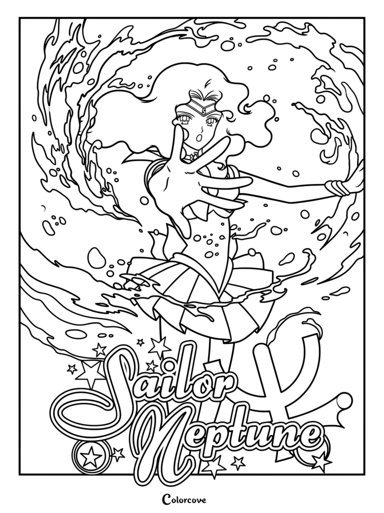 Dibujo para colorear de Sailor Neptune con Michiru Kaioh rodeada de olas de agua de Sailor Moon.