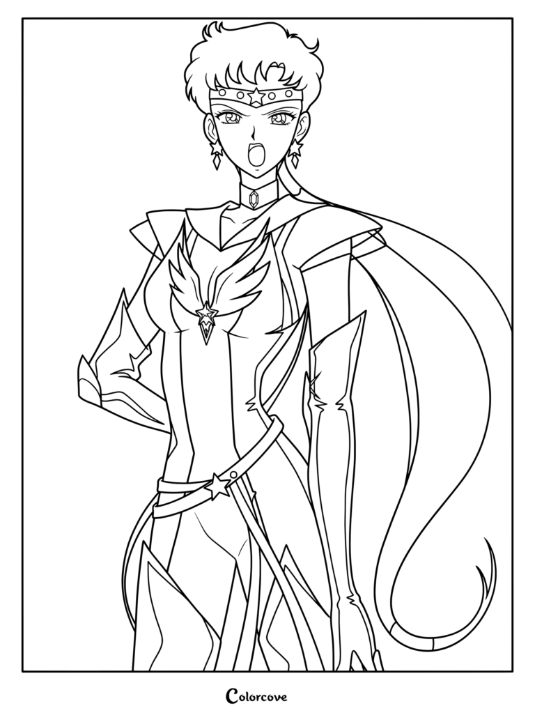 Dibujo para colorear con trazos detallados de Sailor Star Fighter, también conocida como Seiya Kou, de Sailor Moon Sailor Stars.
