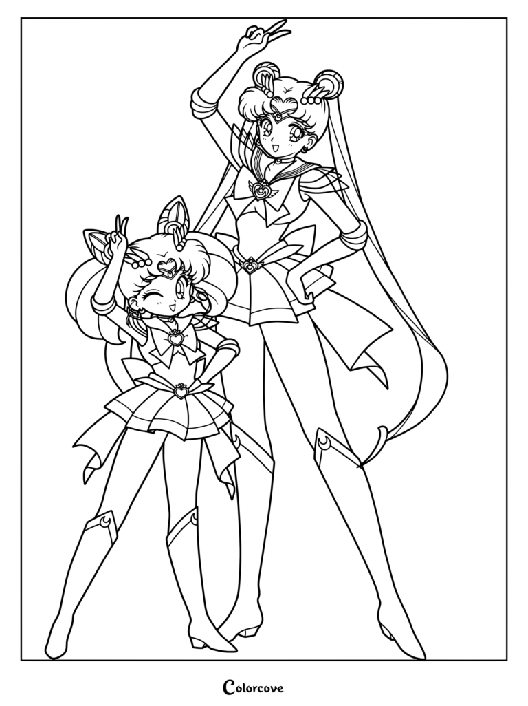 Dibujo para colorear de Super Sailor Moon y Super Sailor Chibi Moon posando juntas