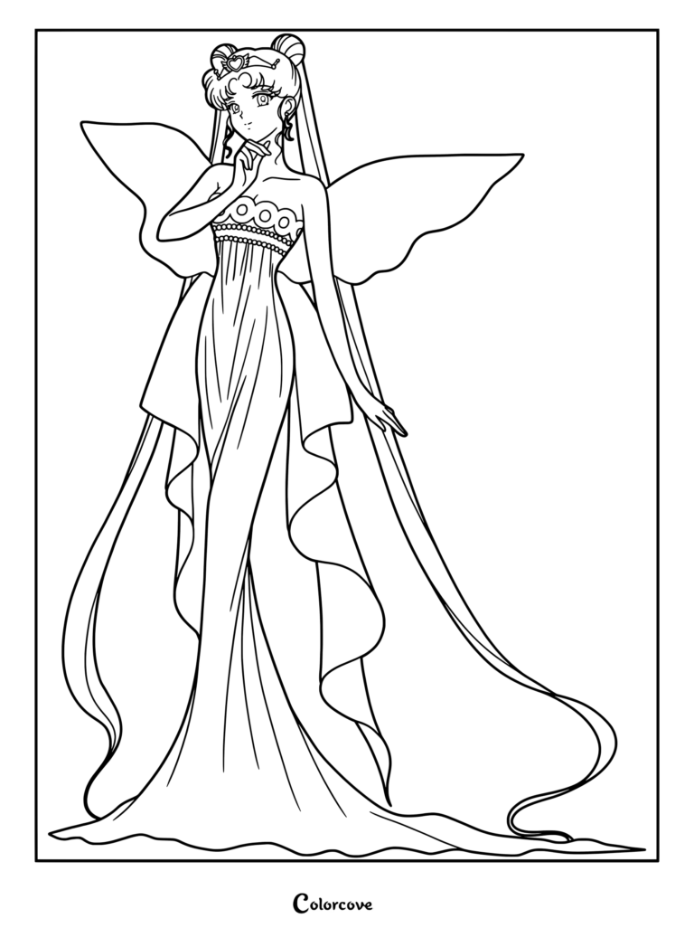 Dibujo para colorear e imprimir de la Neo Reina Serenity de Sailor Moon vistiendo un vestido real con alas.