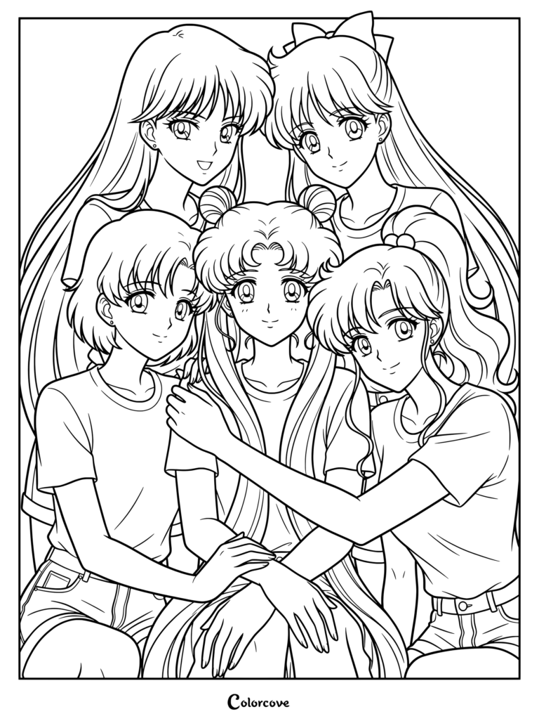 Dibujo para colorear e imprimir de Sailor Moon con Usagi Tsukino rodeada de Ami Mizuno, Rei Hino, Makoto Kino y Minako Aino.