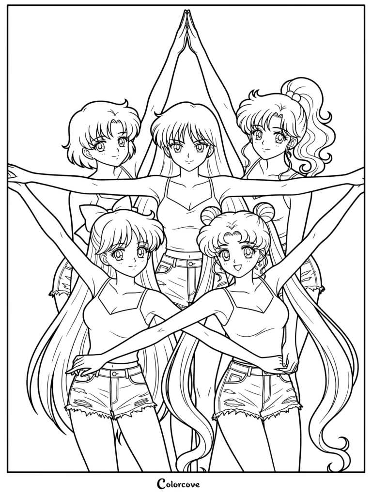 Guerreras Sailor del Cuadro Interior posando juntas con ropa casual en un dibujo para colorear de Sailor Moon.