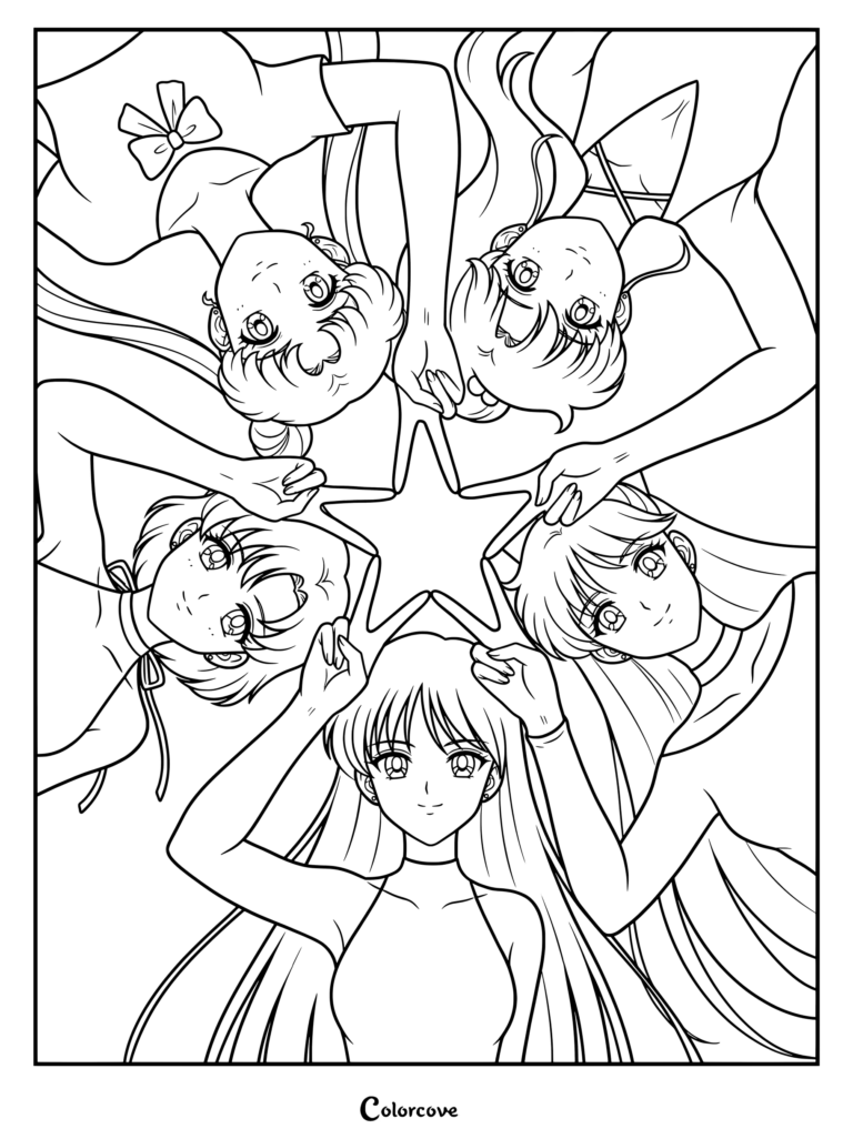 Las Guerreras Sailor del Cuadro Interior Usagi, Ami, Rei, Makoto y Minako posando juntas para formar una estrella en este dibujo para colorear de Sailor Moon.