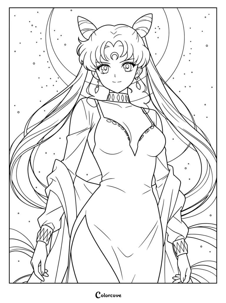 Dibujo para colorear e imprimir de Black Lady de Sailor Moon mostrando el alter ego malvado y adulto de Chibiusa frente a una luna creciente.