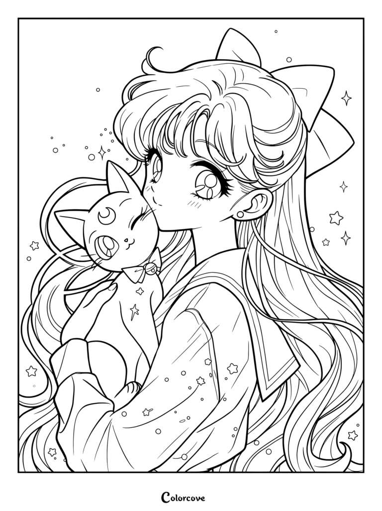 Dibujo para colorear e imprimir de Usagi Tsukino de Sailor Moon sosteniendo un gato rosa claro parecido a Luna.