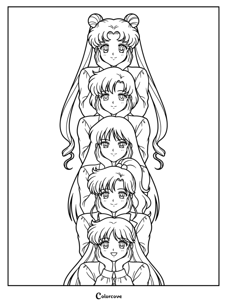 Página para colorear con las cinco Guerreras Sailor del Cuadro Interior de Sailor Moon alineadas en ropa de calle, como Usagi Tsukino, Ami Mizuno y Rei Hino.