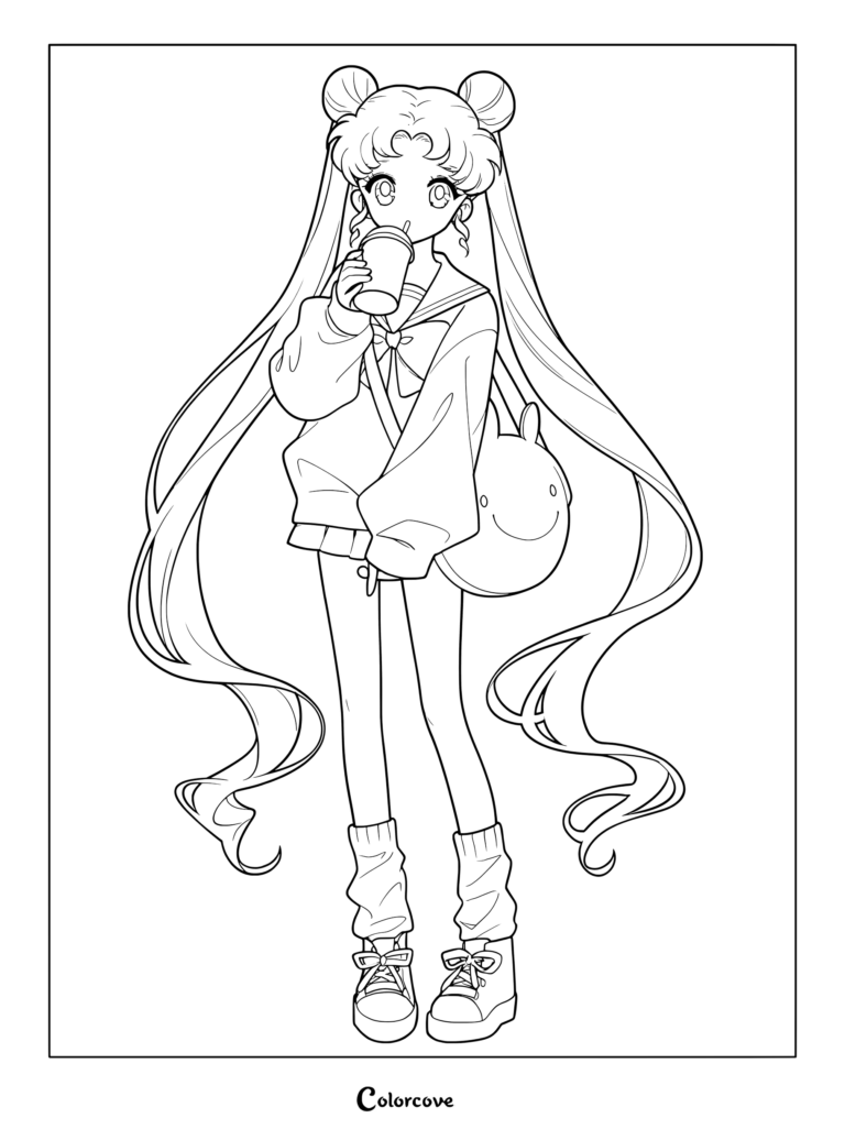 Usagi Tsukino de Sailor Moon vistiendo un conjunto moderno en rosa pastel y luciendo sus característicos moños rubios en un dibujo para colorear.