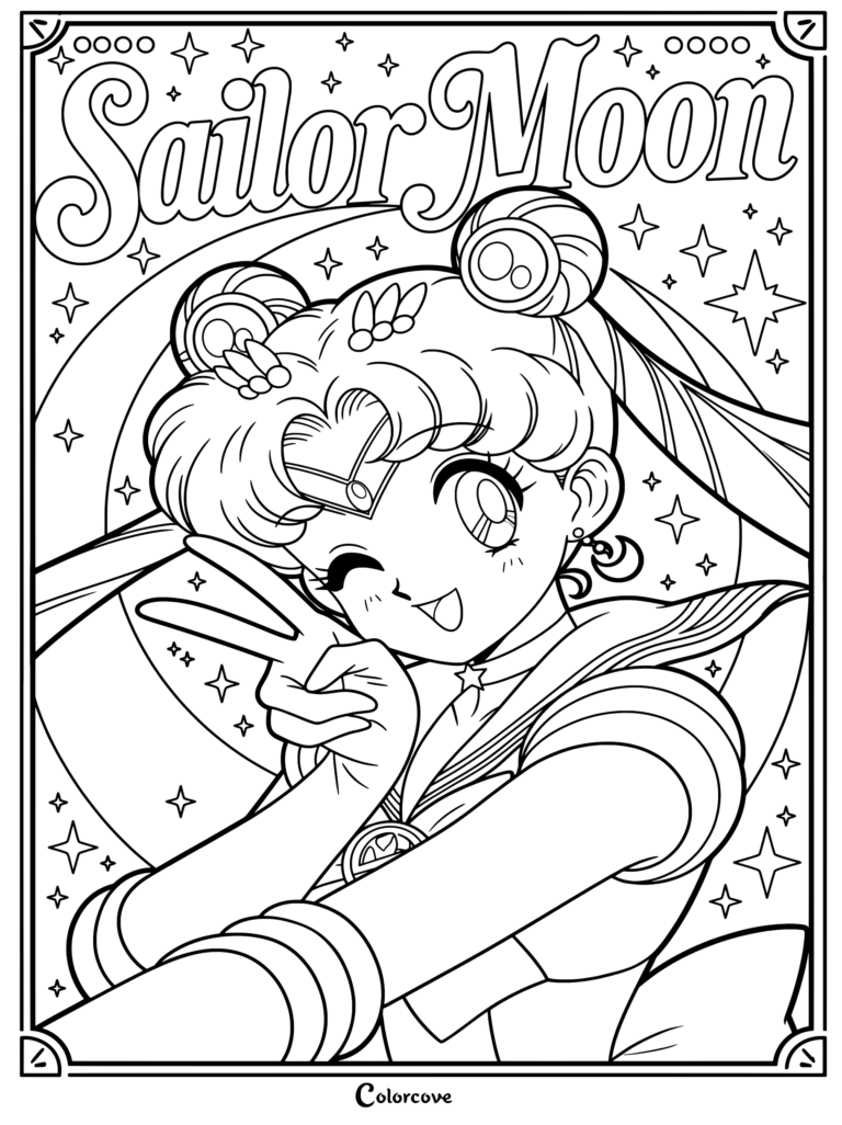 Usagi Tsukino guiñando un ojo y haciendo la señal de la paz en este dibujo para colorear de Sailor Moon.