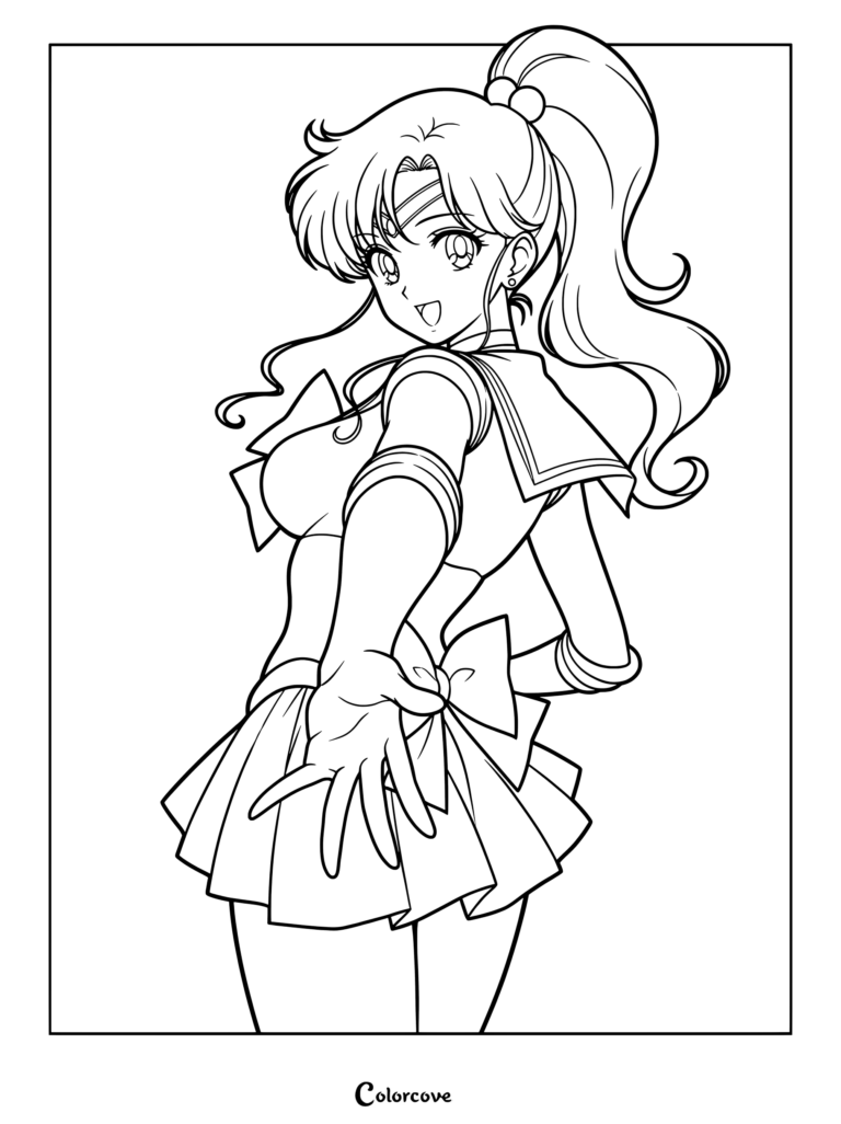 Página para colorear de Sailor Jupiter con Makoto Kino de espaldas con su uniforme y una coleta alta.