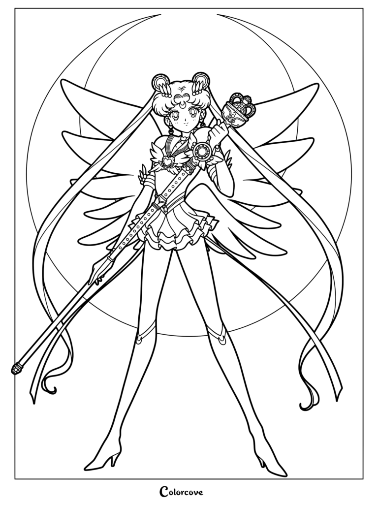 Dibujo para colorear de Eternal Sailor Moon con Usagi Tsukino luciendo sus icónicas alas blancas y el cetro con el Artículo de la Luna Eternal.