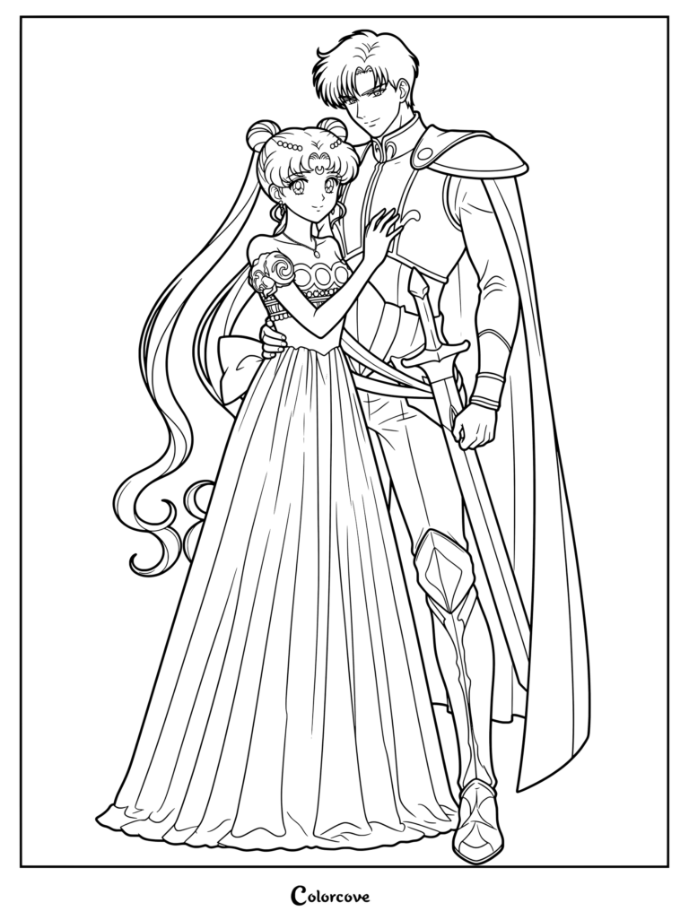 Dibujo para colorear de la Princesa Serenity y el Príncipe Endymion de Sailor Moon.