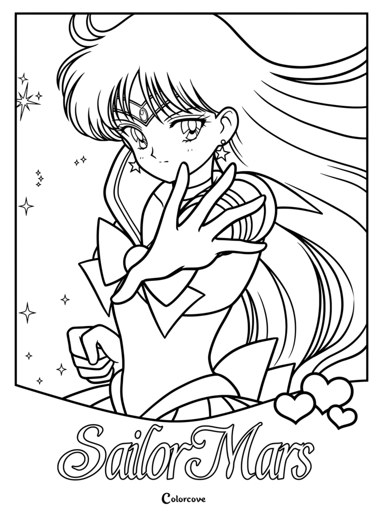 Dibujo para colorear de Sailor Mars de Sailor Moon con largo cabello morado oscuro, uniforme marinero rojo y blanco y un fondo envuelto en llamas.