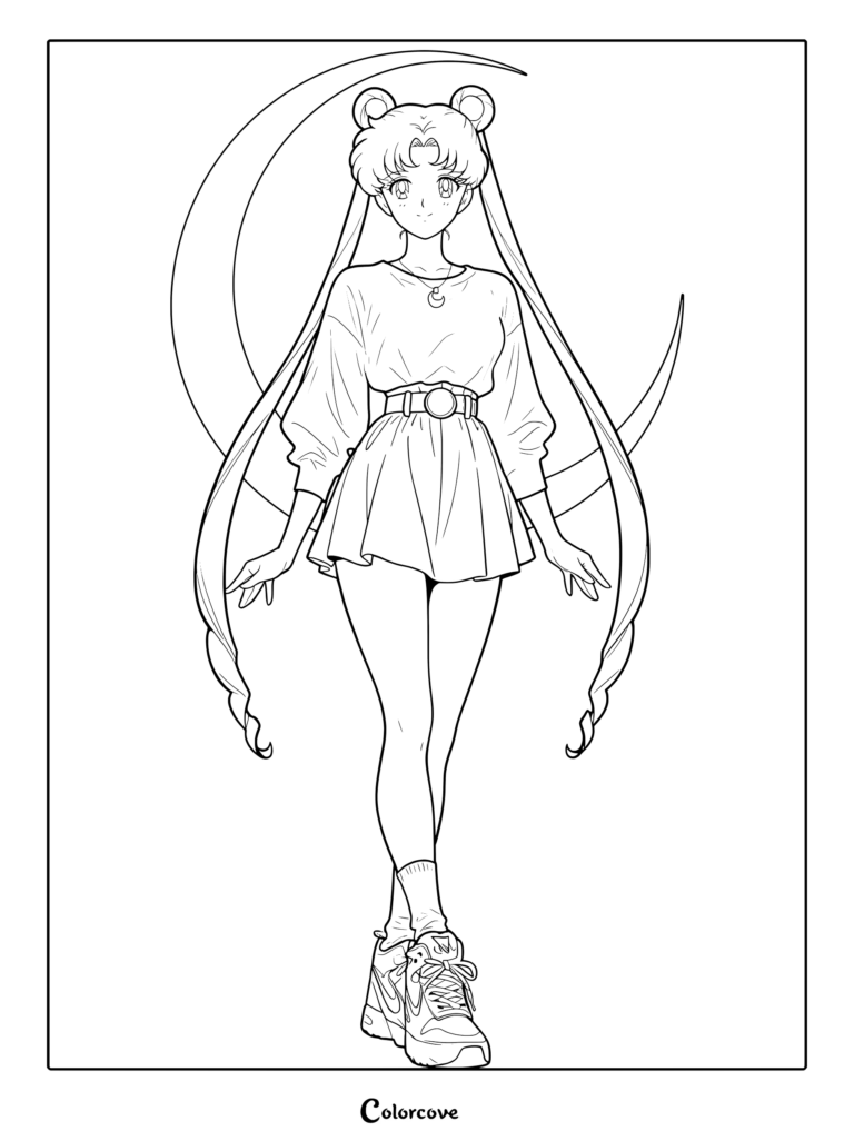 Usagi Tsukino luciendo una camiseta casual, falda y zapatillas frente a una luna creciente en un dibujo para colorear.
