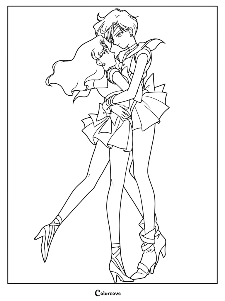 Sailor Uranus y Sailor Neptune abrazadas en una pose romántica en este dibujo para colorear de Sailor Moon.