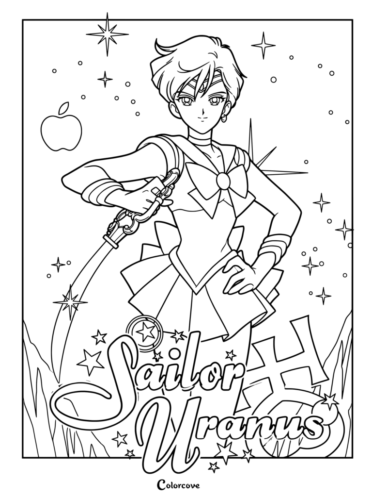 Dibujo para colorear e imprimir de Sailor Uranus Haruka Tenoh de Sailor Moon con estrellas y su espada.