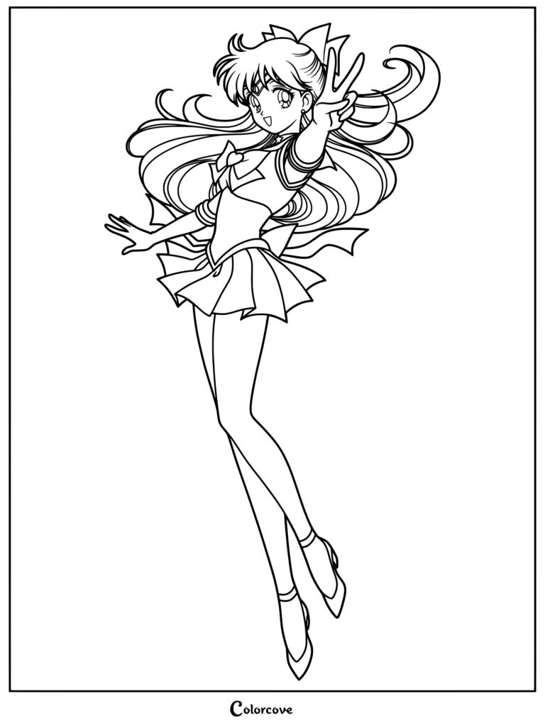 Dibujo para colorear e imprimir de Sailor Venus de Sailor Moon en una pose con la señal de la paz y su melena rubia recogida con un lazo rojo.