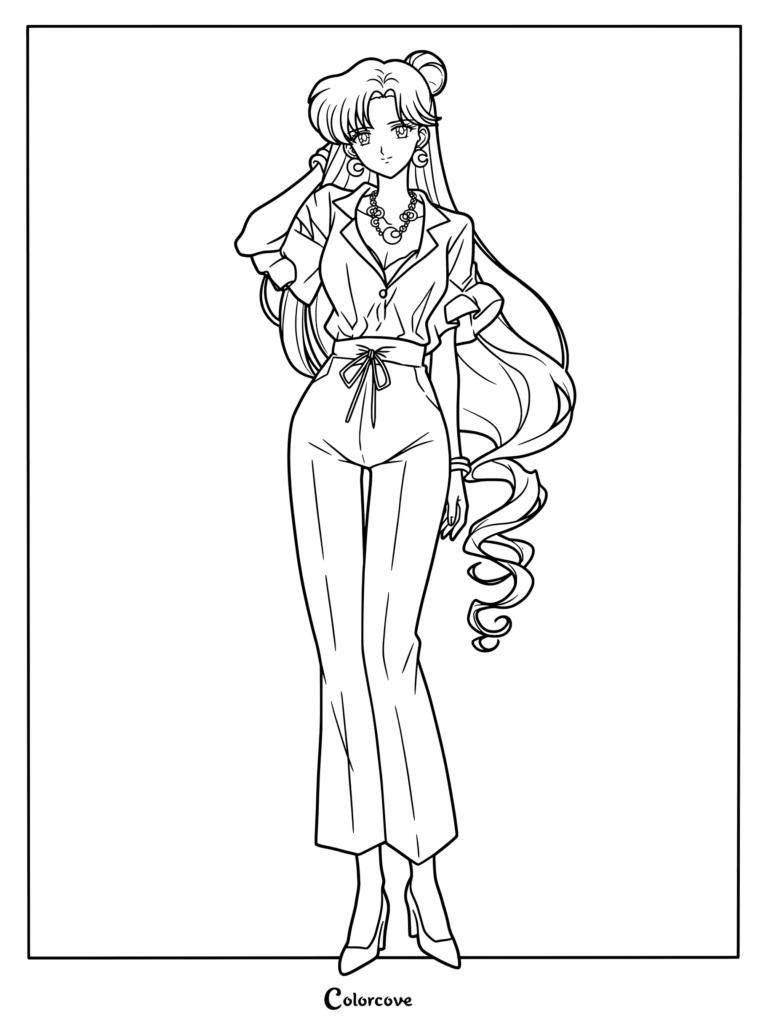 Setsuna Meioh de Sailor Moon con un conjunto casual verde y blanco en un dibujo para colorear.