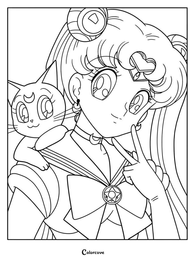 Dibujo para colorear de Sailor Moon con Usagi Tsukino sonriendo y haciendo el símbolo de la paz con Luna descansando en su hombro.