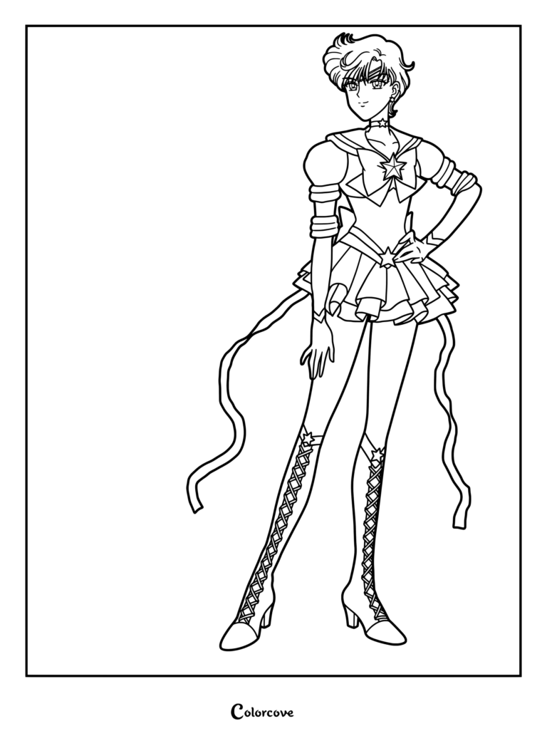 Dibujo para colorear de Sailor Uranus con pelo corto rubio y botas altas blancas de Sailor Moon.