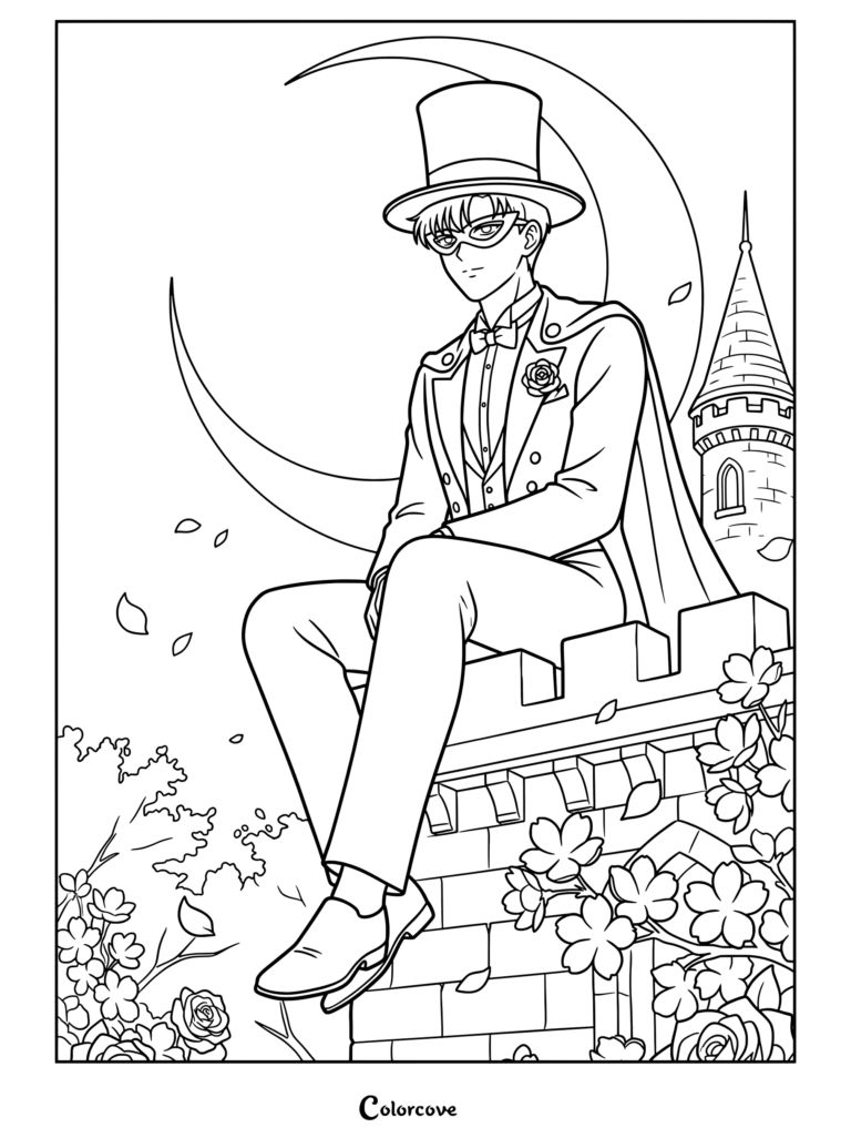 Tuxedo Mask de Sailor Moon sentado en el muro de un castillo en un dibujo para colorear e imprimir.