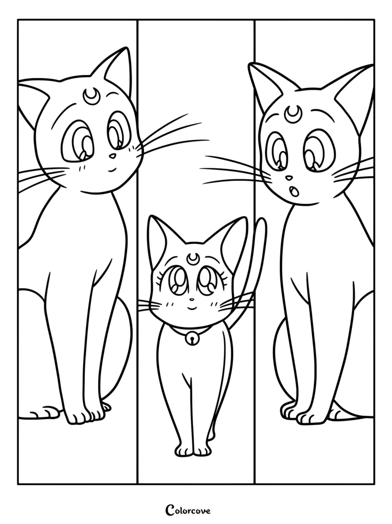 Dibujo para colorear e imprimir de Luna, Artemis y su gatita Diana de Sailor Moon.