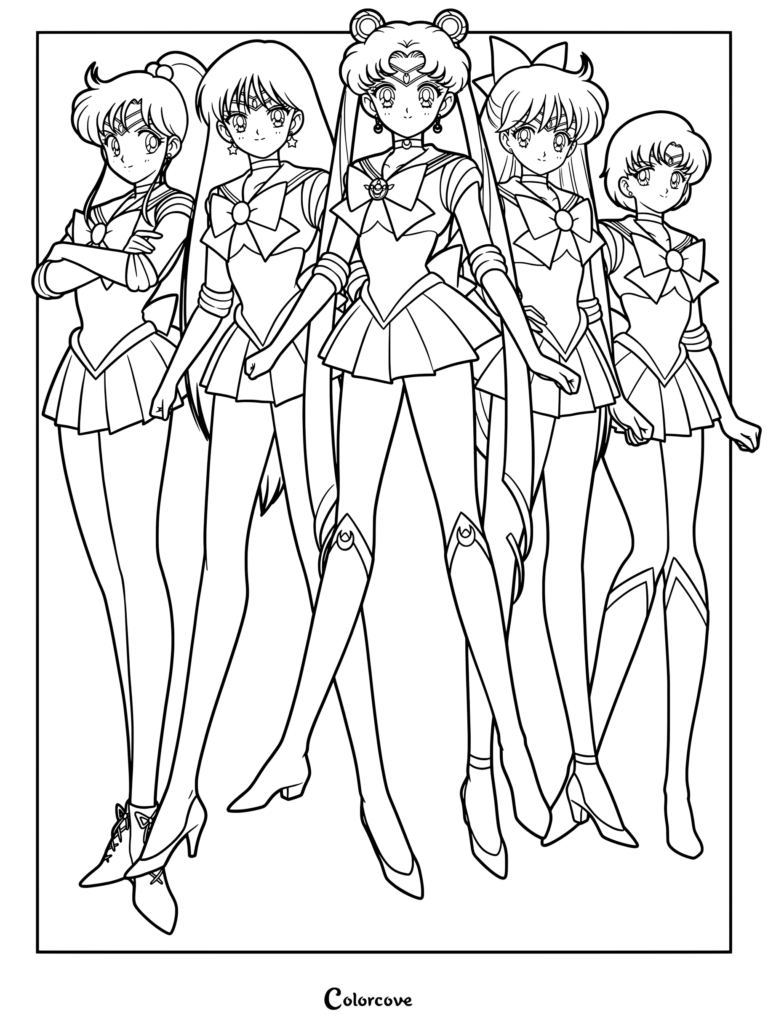 Dibujo para colorear de Sailor Moon para imprimir con las cinco protagonistas en sus poses clásicas.