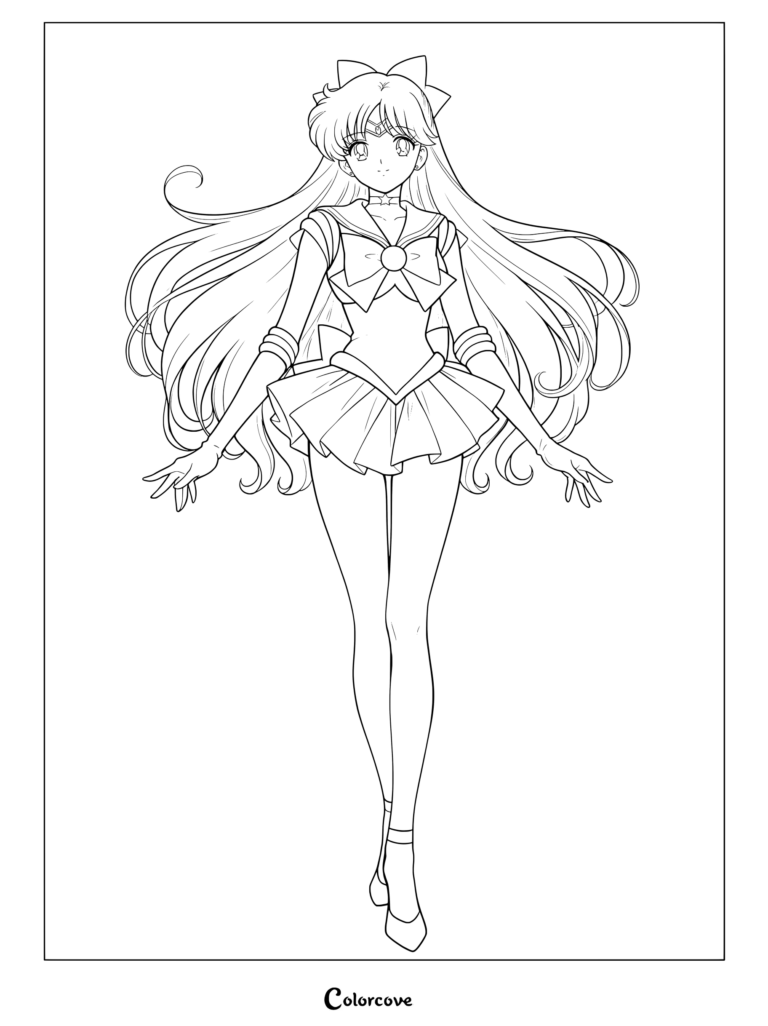 Dibujo para colorear de Sailor Venus con su larga melena al viento y su clásico uniforme de marinera.