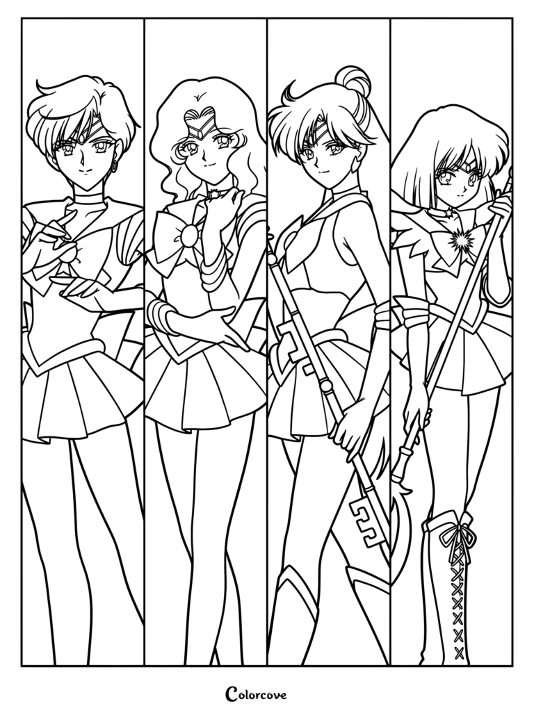 Página para colorear e imprimir que presenta a las cuatro Guerreras Sailor del Cuadro Exterior de la serie de anime Sailor Moon.