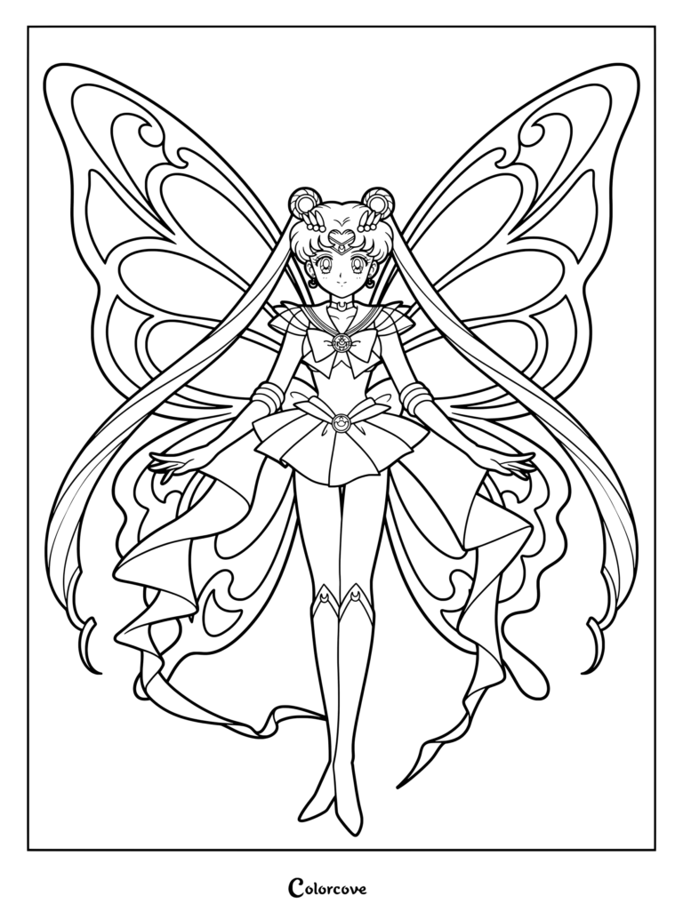 Usagi Tsukino transformándose en Super Sailor Moon durante la secuencia de Transformación Crisis en un dibujo para colorear de Sailor Moon S.