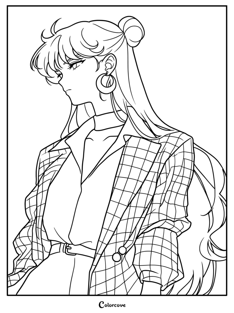 Setsuna Meioh vistiendo un blazer de cuadros en este dibujo para colorear de Sailor Moon.