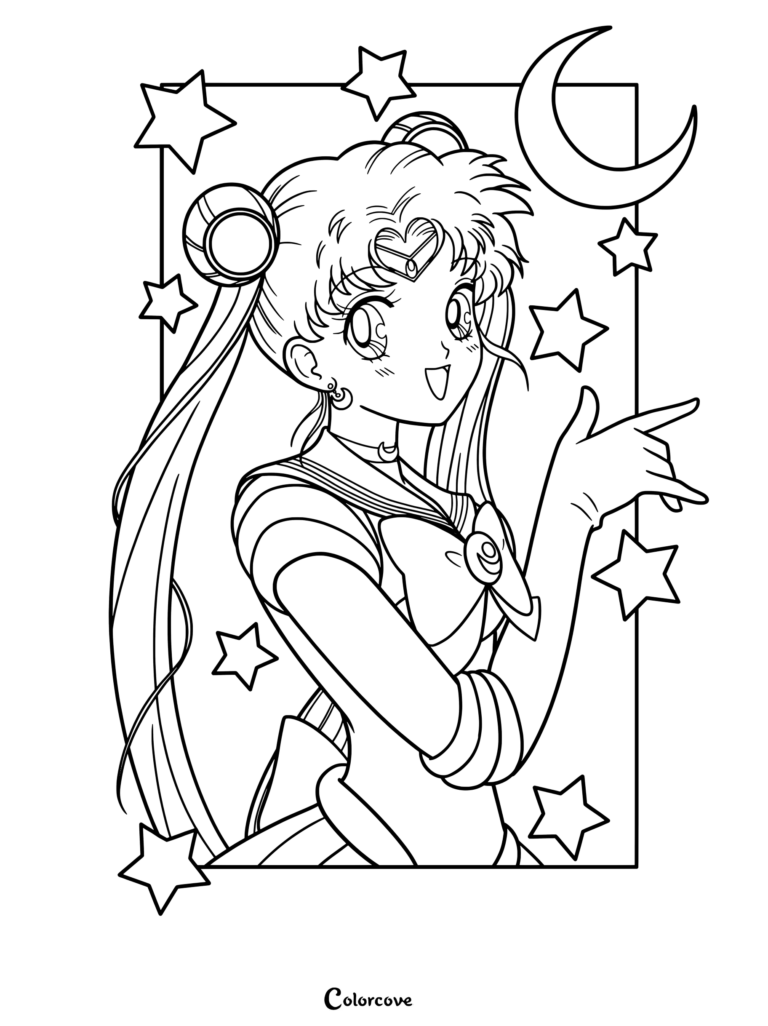 Dibujo para colorear de Sailor Moon con Usagi Tsukino rodeada de estrellas y una luna creciente.